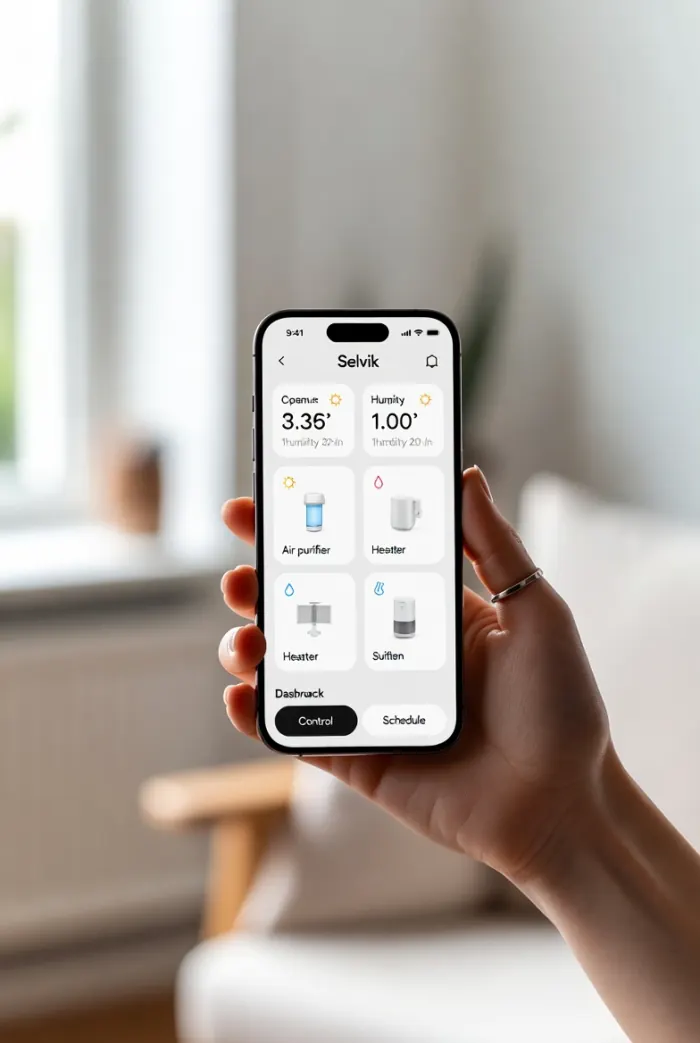 Hand holding a phone with the Selvik SMART app