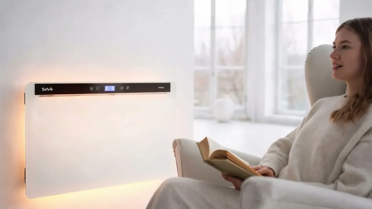 Woman reading in a bright living room next to a Selvik air purifier