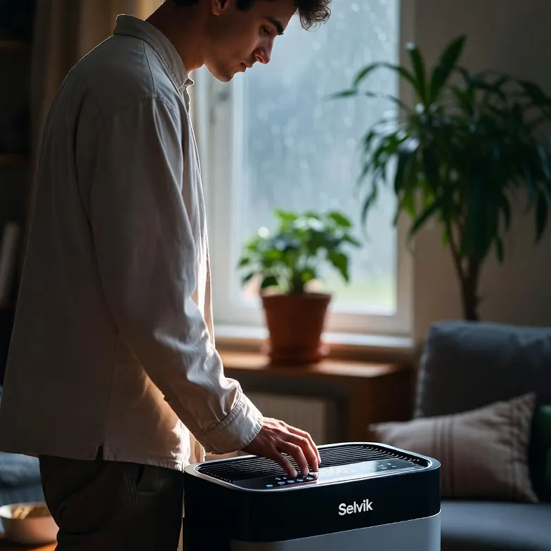 Man emptying the tank of a Selvik dehumidifier