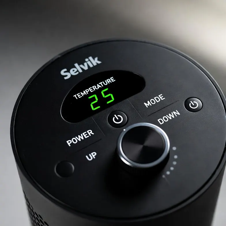Black Selvik electric heater with a digital display